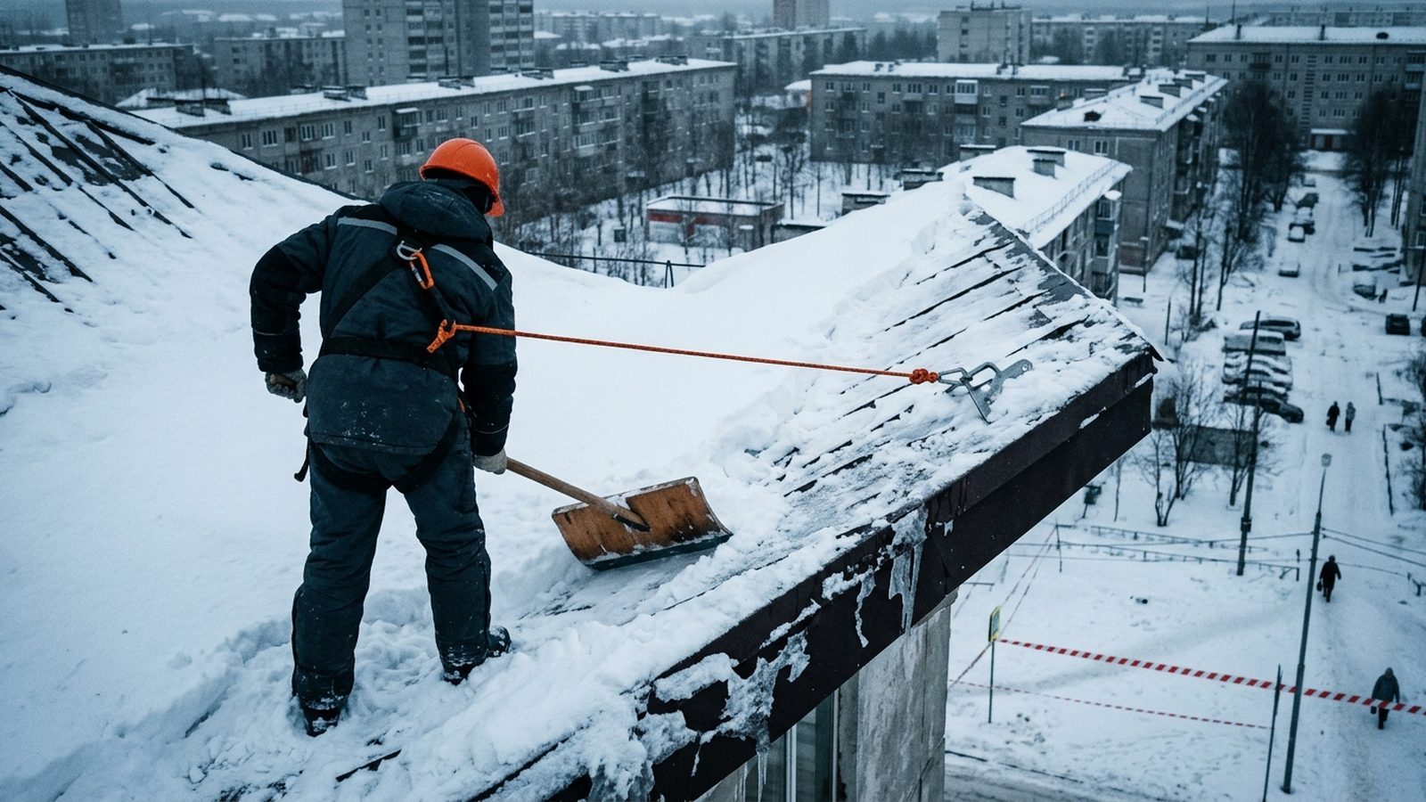Рабочий на страховке убирает снег со скатной крыши деревянной лопатой