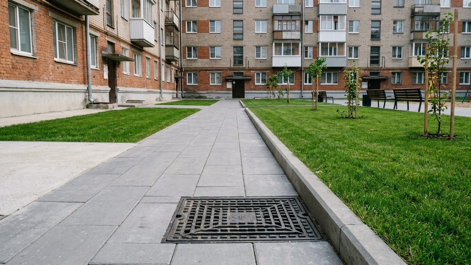 Двор жилого дома после благоустройства: дорожка с бордюром, газон, дождеприёмник