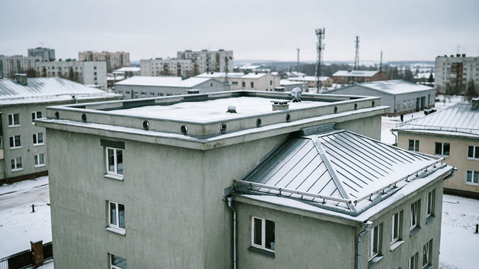 Здание с плоской кровлей и примыкающей скатной металлической крышей