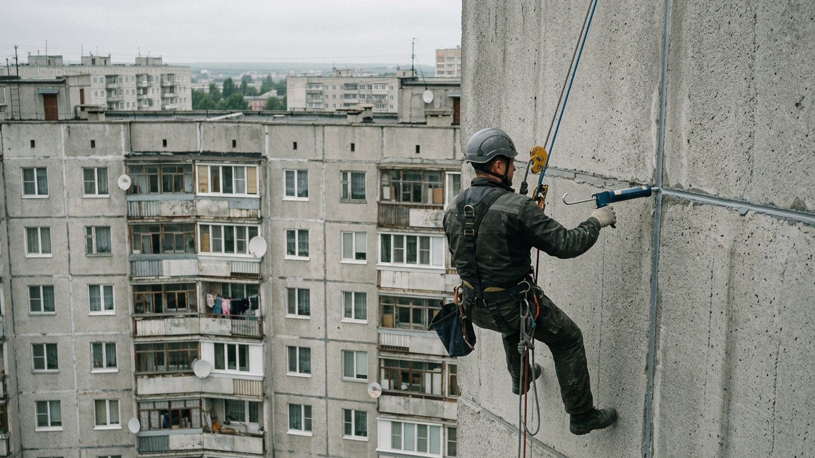 Промышленный альпинист герметизирует межпанельный шов на фасаде дома