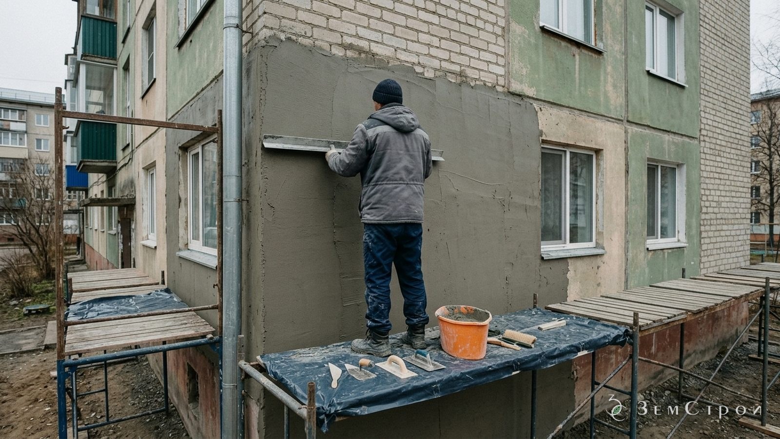 Нанесение штукатурного слоя на фасад с лесов